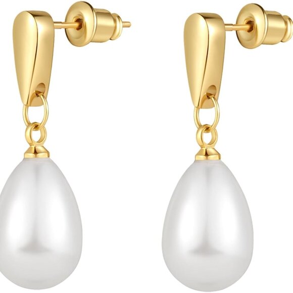 14k Gold Plated Pearl Earrings Lightweight Dangle Hoop Jewelry for Women - Picture 5 of 7